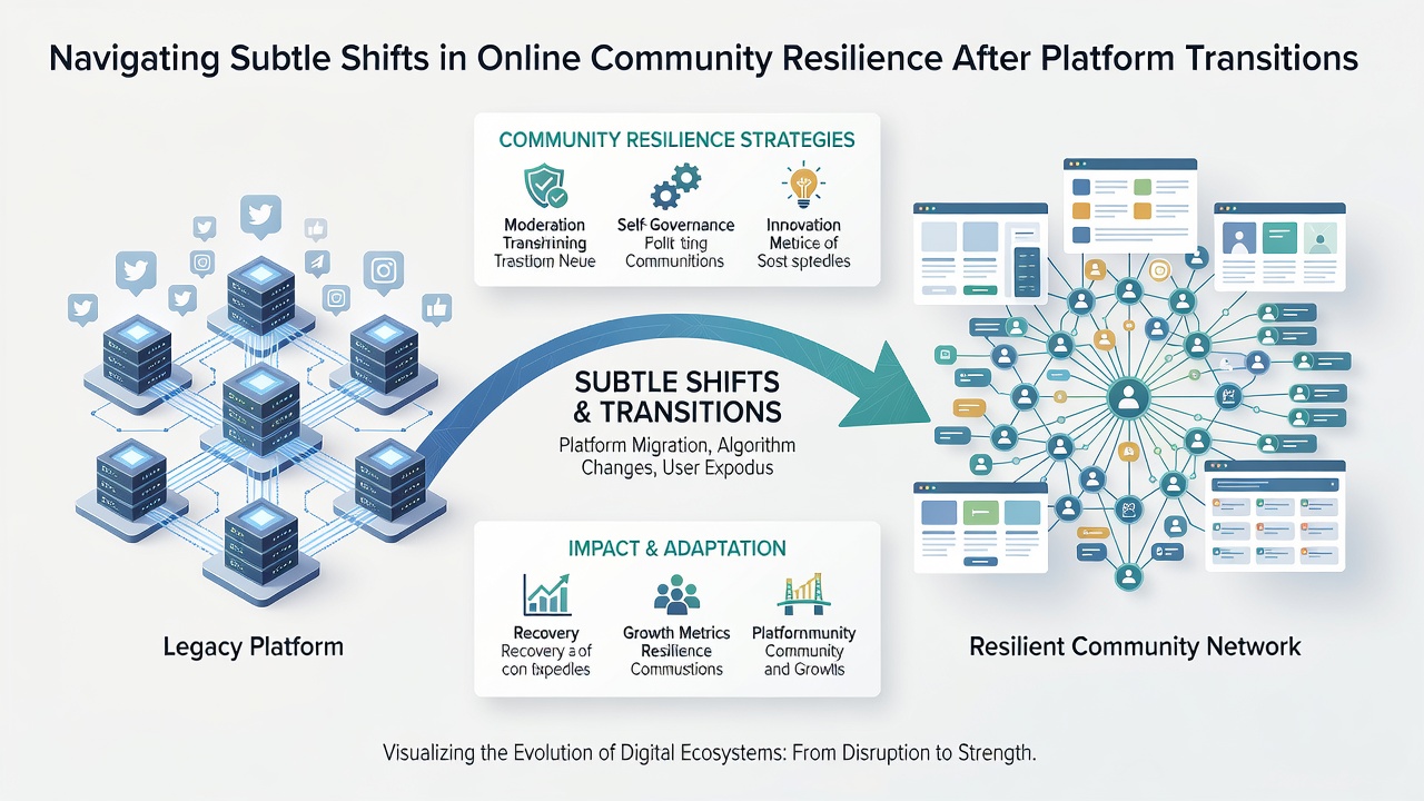 Graph showing community engagement metrics before and after a platform transition with recovery curves